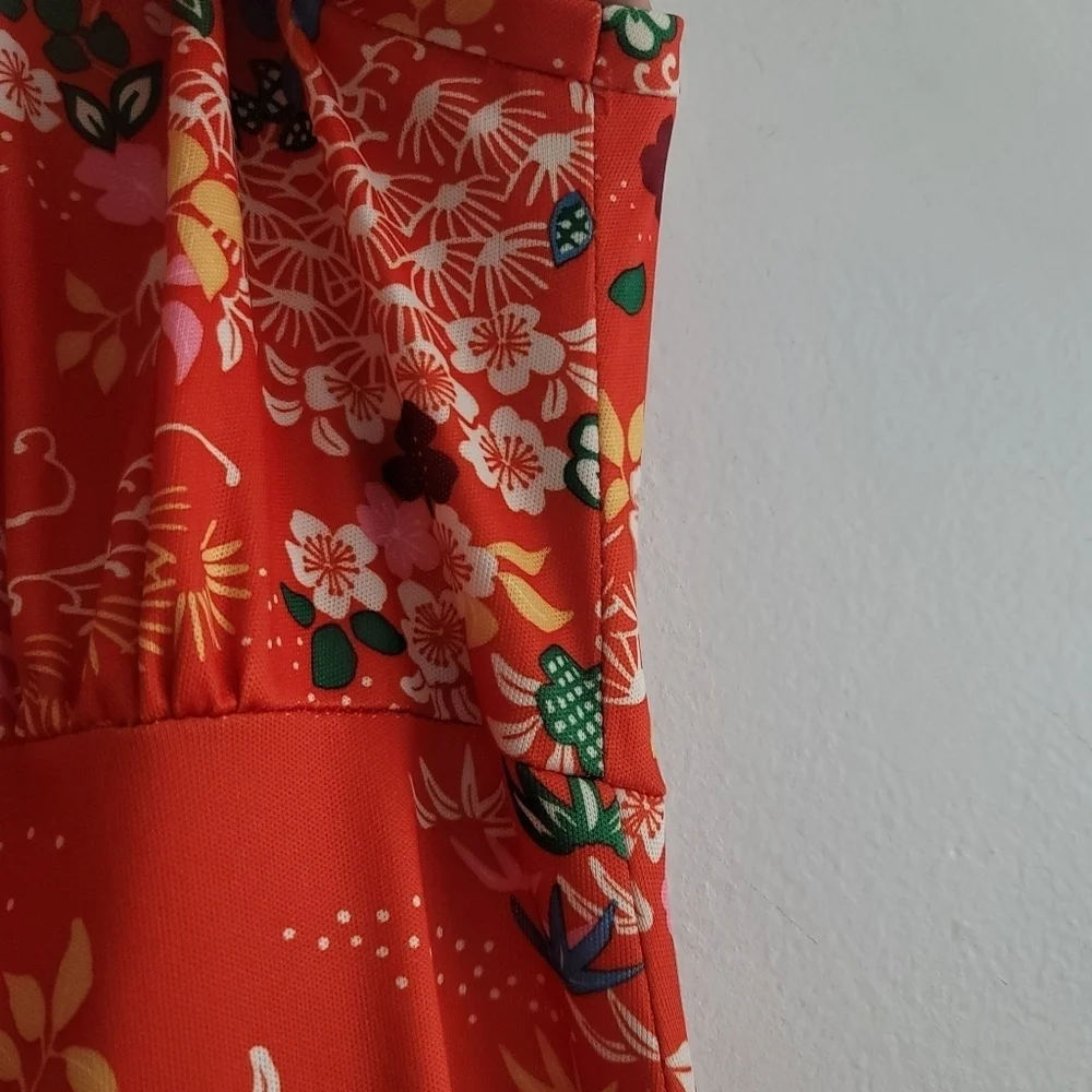 VTG Yves Jennet USA 70s Orange Floral Sleeveless‎ Maxi Dress Gown Women Medium